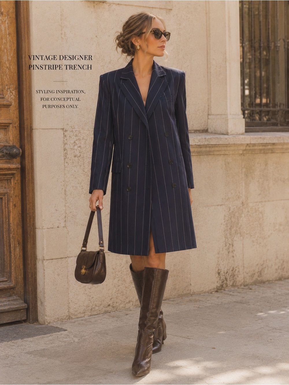 Dress-trench -Vintage Guy Laroche Navy Pinstripe Double-Breasted Trench